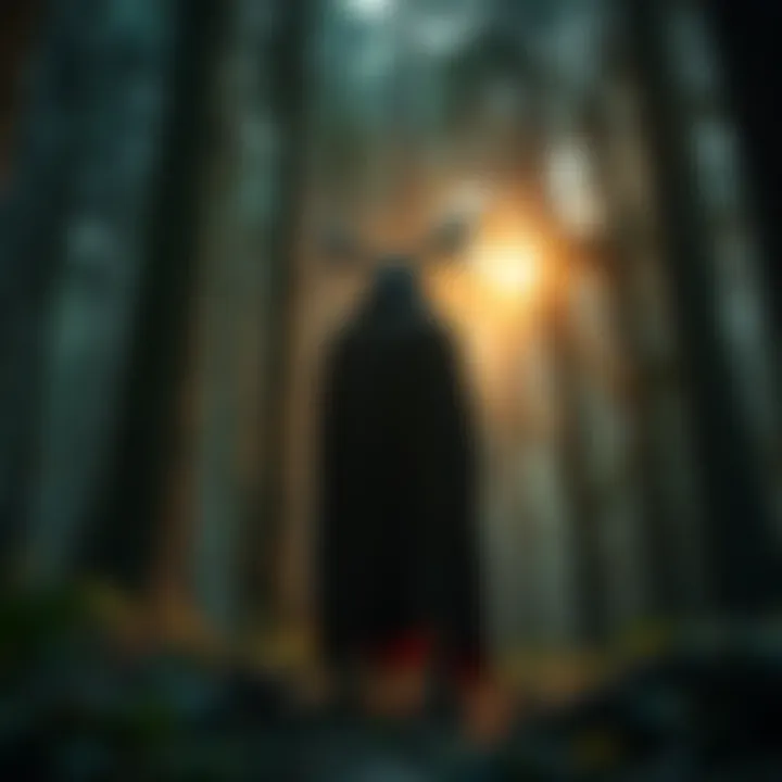 Druid and forest scene A brave person stands in a dark forest surrounded by tall trees and mystical druids, ready to face their fears with elemental powers.