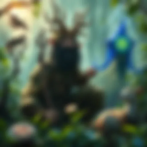 A druid character surrounded by lush greenery, with animal companions and magical energy in the air, symbolizing a connection to nature.