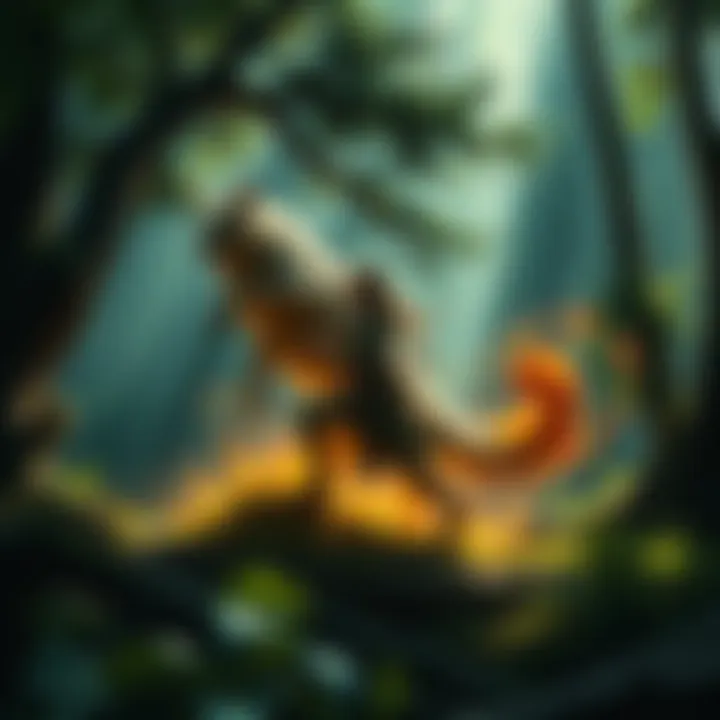 A Druid transforming into an animal in a vibrant forest setting, surrounded by trees and plants