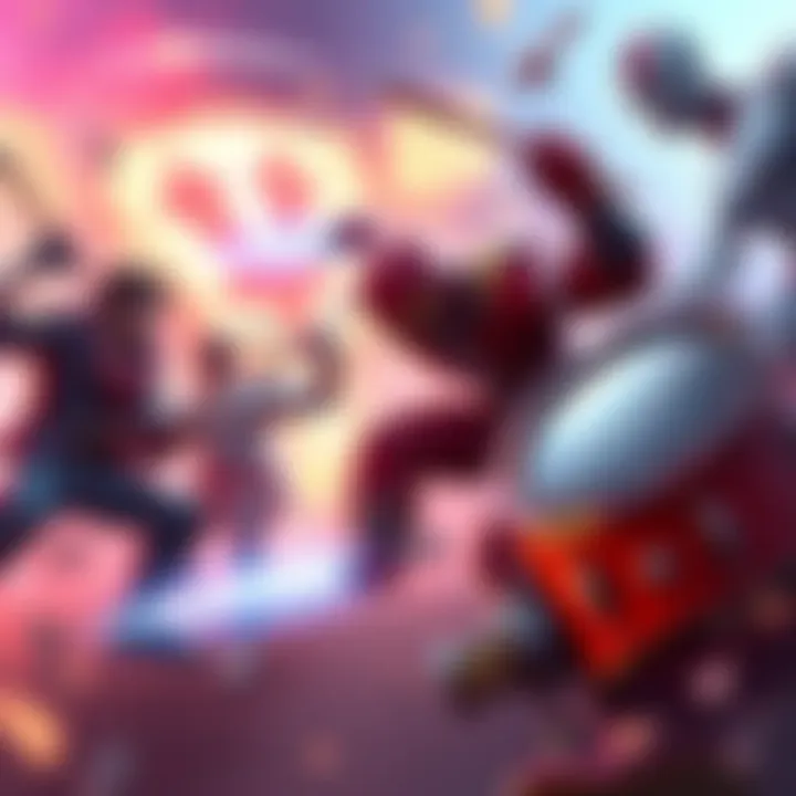 Drum Beats in Video Games A dynamic scene showing various game characters battling, with vibrant drum visuals in the background, highlighting the rhythm of battle themes.