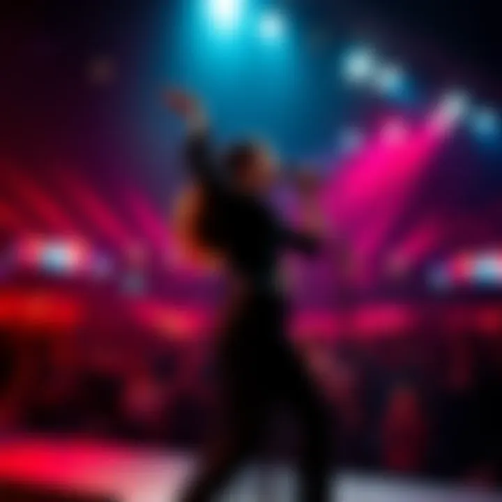 Dua Lipa singing passionately on stage with bright lights and a cheering crowd