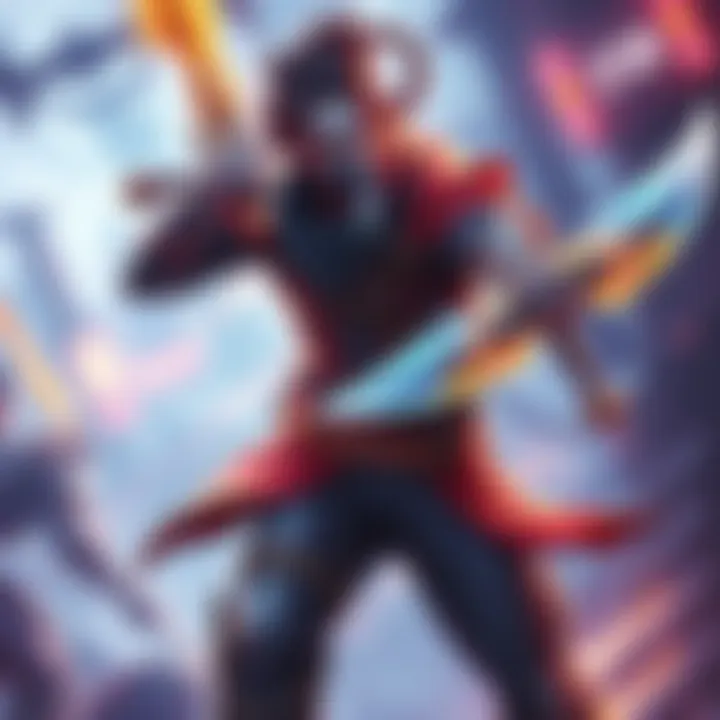 A character wielding dual blades, showcasing cool weapon designs and action poses, set in a vibrant game environment.