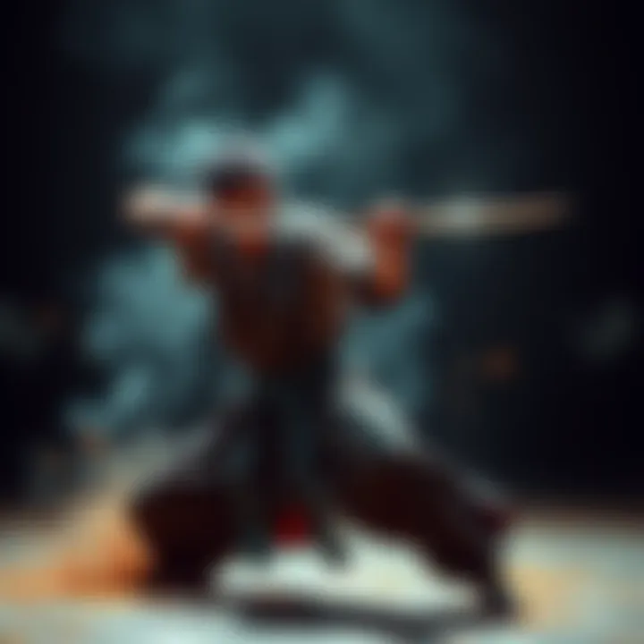 Dual Blades in Action A skilled fighter demonstrates dual blades techniques in a dynamic combat pose, showcasing agility and precision.