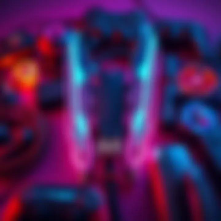 Dual blades and gadgets A pair of dual blades surrounded by various gaming gadgets, showcasing their synergy for enhanced gameplay.