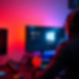 A gaming PC showing both SteamOS and Windows boot options on the screen, with a gamer preparing to play.