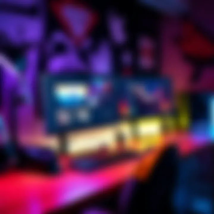 A workspace with two monitors showing video editing on one and gaming on the other, enhancing productivity for creators.