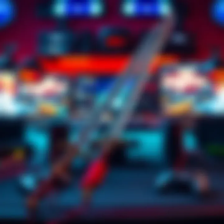 A pair of dual ninja swords displayed on a gaming desk, surrounded by controllers and game titles.