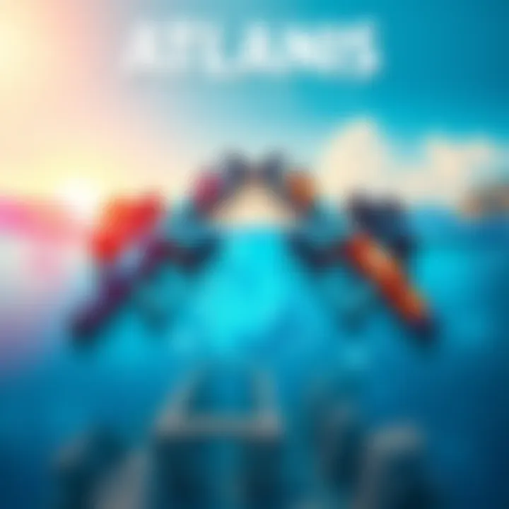 A vibrant poster featuring dual pistols with Atlantis-themed designs, showcasing elements like water and ancient ruins, inviting game developers to engage.