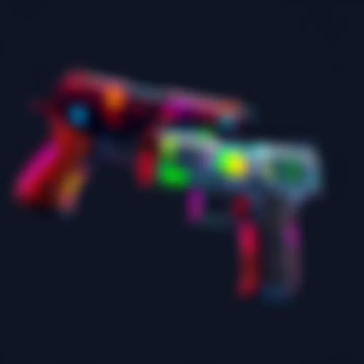 Two dual-wielded pistols showcasing various colorful skins for a vibrant gaming experience