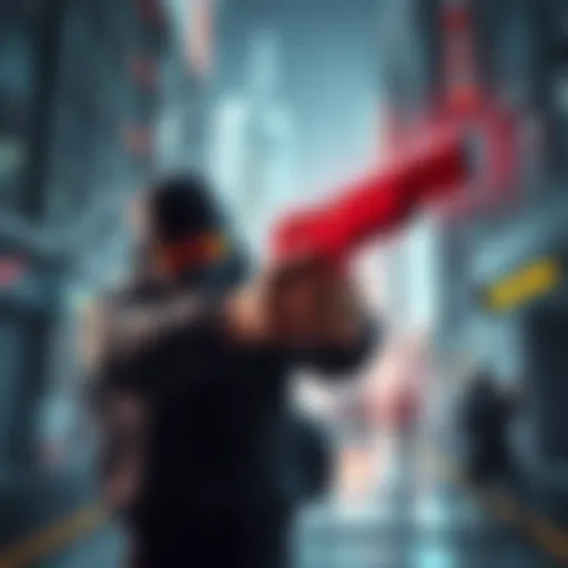 Dual Pistols Gameplay A character aiming dual pistols in a futuristic urban setting, showcasing enhanced firepower and focus on net running strategies.