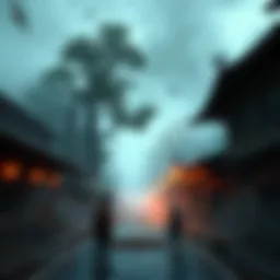 A vibrant village scene transforming into an abandoned version with ghostly hints, showcasing two characters interacting in different times.