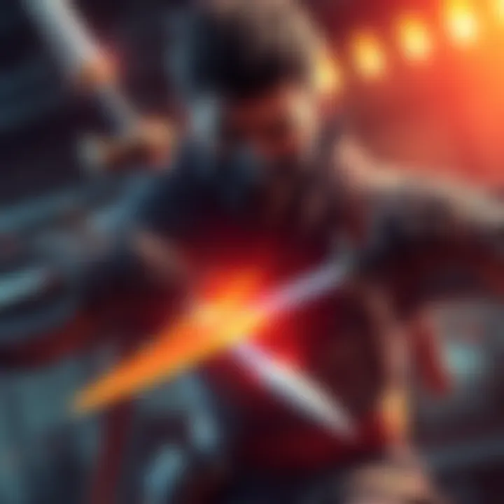 A player demonstrating dual wielding in a combat game, holding two weapons with focused concentration.