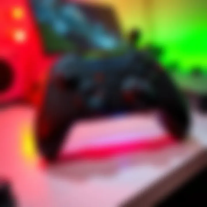 A DualSense controller showing flashing lights, indicating a malfunction or power issue, on a gaming setup with a console in the background.