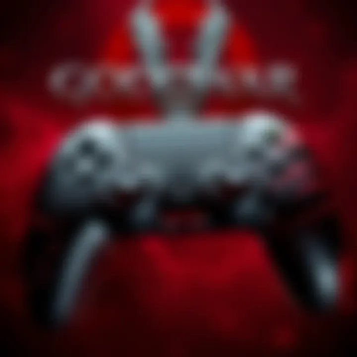 Close-up of the new DualSense controller showcasing its design and button layout, with a God of War background.