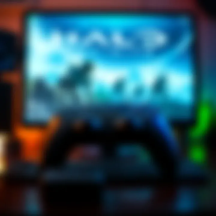 A PS5 DualSense controller connected to a PC, with the Halo Infinite game displayed on the screen, showing issues like no vibration and sensitivity problems.