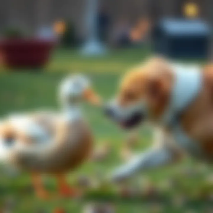 A duck and a dog facing off in a playful competition at a park, showcasing their unique behaviors.