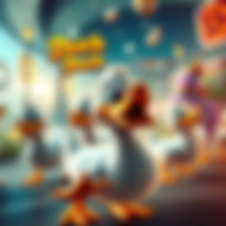 Colorful artwork of ducks in an action-packed game scene
