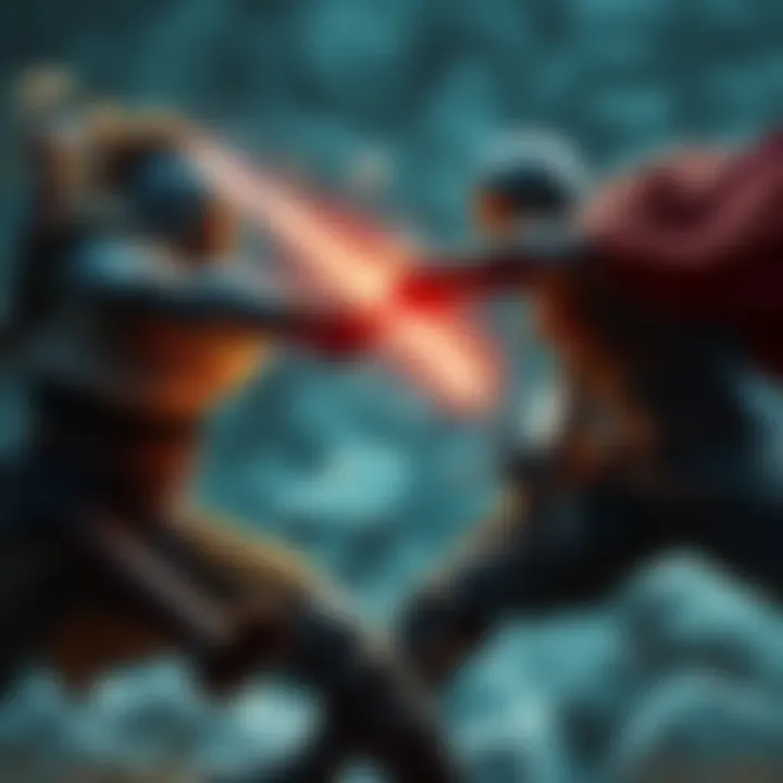 Two warriors engage in duel blade combat, showcasing weapons and bullet deflection mechanics.