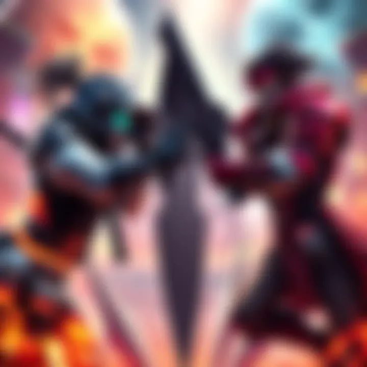 Duel of Gaming Protagonists Two gaming characters face off in a duel, representing different combat styles, with a backdrop of vibrant game worlds from Syndicate, Odyssey, and Shadows.