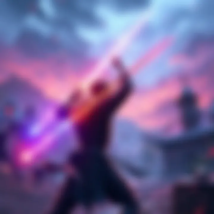 A player showcases duel sword skills in a fantasy game setting, with glowing swords in action against a backdrop of a vibrant battlefield.