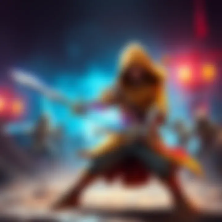 A sandy character skillfully duel wielding two weapons in a vibrant combat setting.