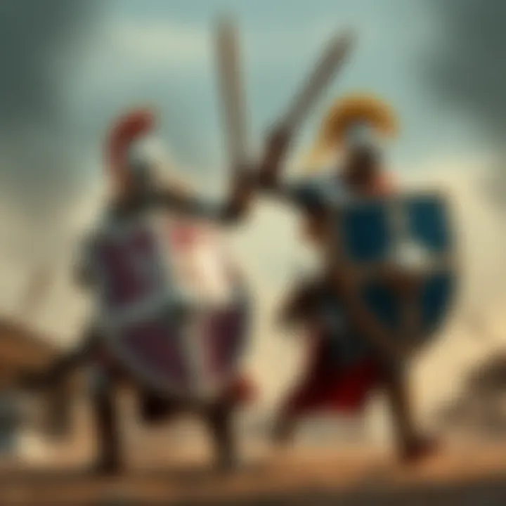 Two warriors in combat, each wielding two shields as they engage in a playful battle