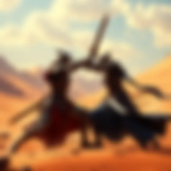 Two players engaged in a duel in the Crimson Desert, showcasing their skills with swords and armor in a virtual setting.