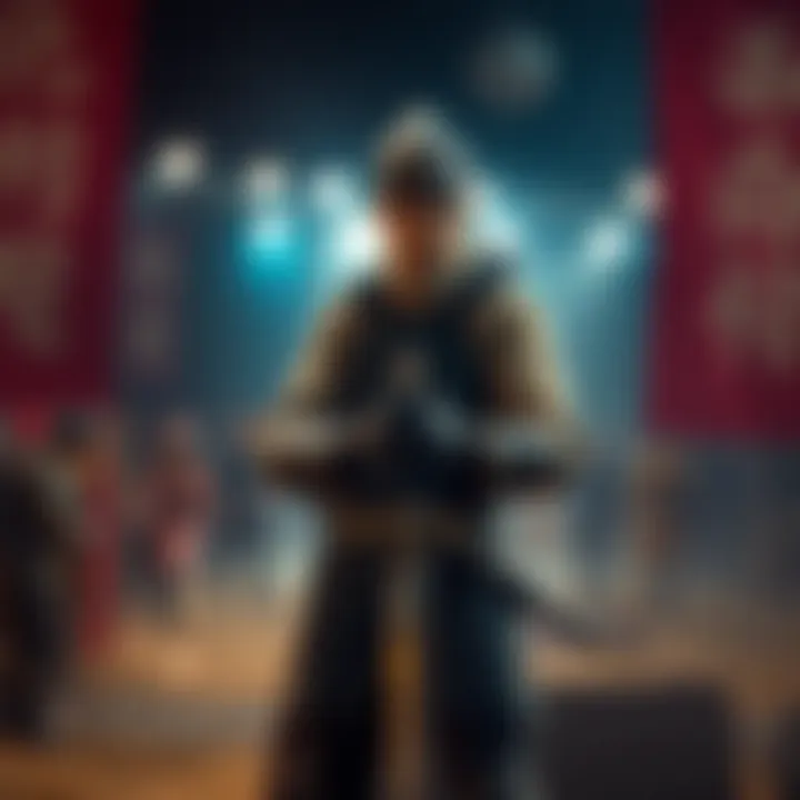 A duelist stands ready with a sword, focused and determined, preparing for an upcoming duel in a competitive event.