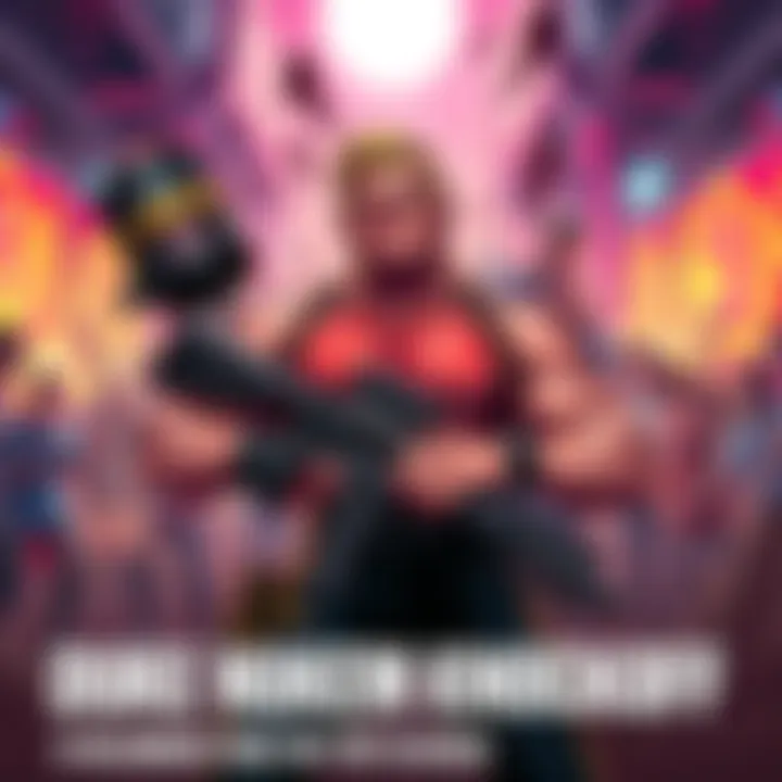 A comical game cover showcasing a character similar to Duke Nukem, featuring exaggerated muscles and an oversized weapon in a colorful, chaotic setting.