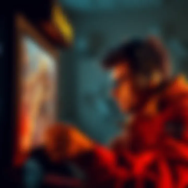 A gamer focused on their screen, playing Duke Nukem 3D with a look of concentration as they face tough enemies.