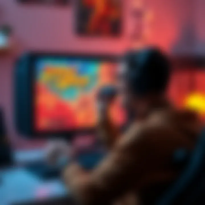 A gamer enjoying Duke Nukem 3D on a computer, with retro graphics visible on screen