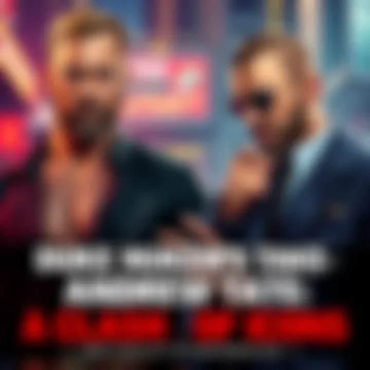 Duke Nukem confronting Andrew Tate Duke Nukem stands confidently with a smirk, facing Andrew Tate who gestures with a bold expression. The background hints at a dynamic urban scene.