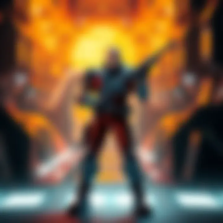 Duke Nukem standing confidently in a futuristic setting with a weapon, showcasing iconic style and attitude, amidst game elements in the background.