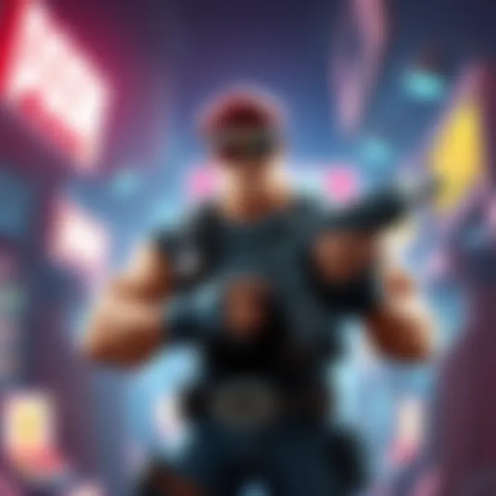 A digital artwork showing a muscular hero character with a confident stance, wearing sunglasses, a beret, and holding a futuristic weapon in a vibrant gaming environment inspired by classic arcade games.