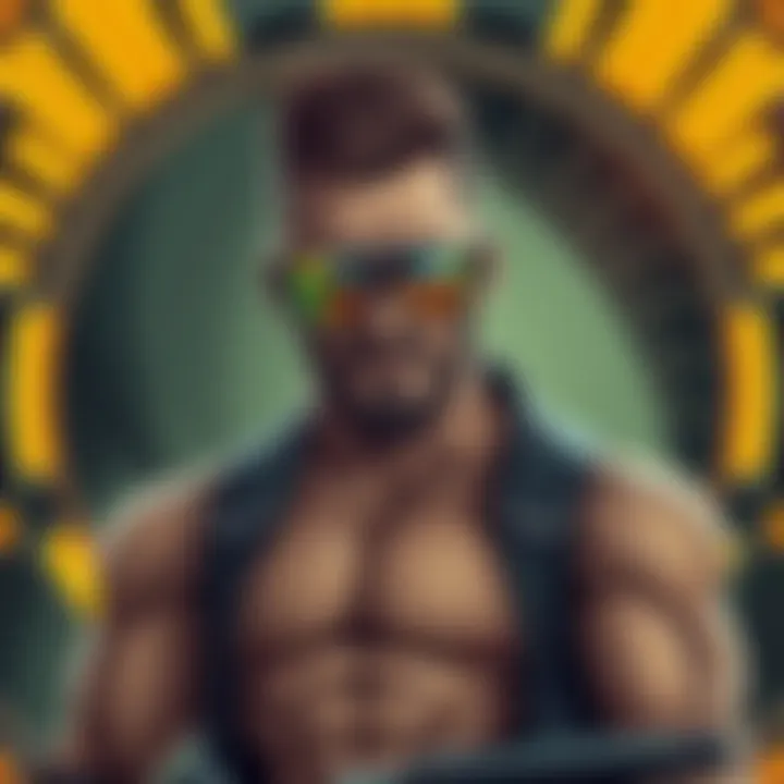 A bold character inspired by Duke Nukem, showcasing a tough pose with sunglasses and a muscular build, set against a sci-fi background.