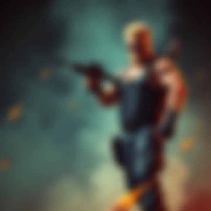 Duke Nukem stands confidently with a weapon, showcasing his tough demeanor and iconic style.