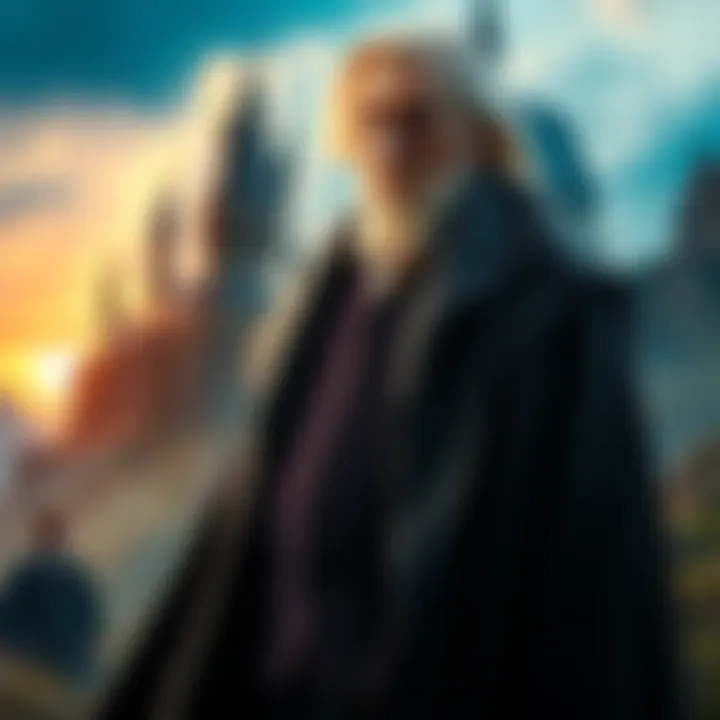 A young Dumbledore in a wizarding robe, standing in a magical landscape, pondering his responsibilities, with a hint of Godric's Hollow in the background.