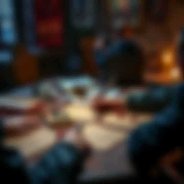 A person taking notes during a Dungeons and Dragons game with dice, character sheets, and game materials on the table