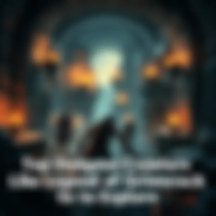 A group of characters exploring a dark dungeon filled with treasure and ancient artifacts, surrounded by stone walls and flickering torches.