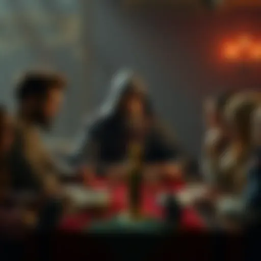 A Dungeon Master sitting at a table with players, discussing the conclusion of a tabletop game campaign, looking thoughtful and engaged.