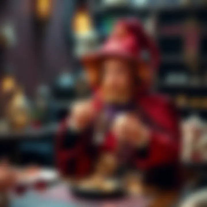 A Dungeon Master in a creative costume showcasing a wizard outfit with a cape, holding a dice, surrounded by fantasy-themed decorations at a D&D party.