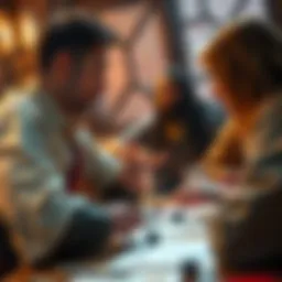 A Dungeon Master talks to a player about creating an original character during a tabletop game session, with character sheets and dice on the table.