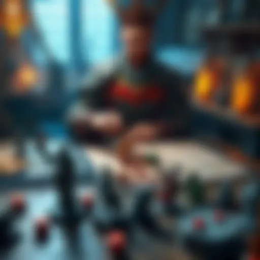 A Dungeon Master setting up a table with dice, character sheets, and miniatures for a Dungeons and Dragons game session.