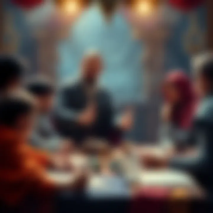 A Dungeon Master sharing ideas with a group of players around a table, with dice and character sheets visible.