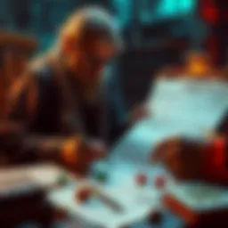 A Dungeon Master working on a character sheet, surrounded by dice and rulebooks while planning an NPC named Boggy Pete for a Dungeons & Dragons game.