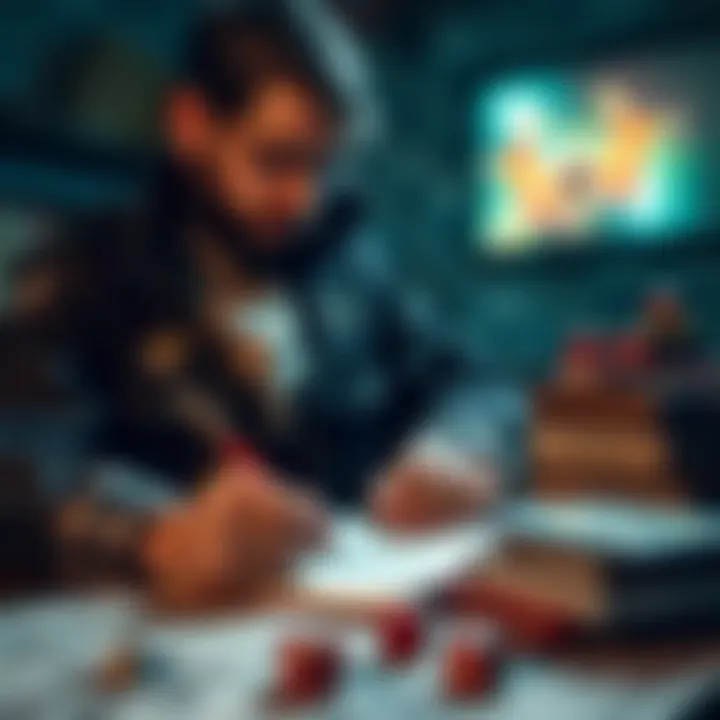 Dungeon Master Planning A new Dungeon Master writes notes and ideas on a notepad while surrounded by gaming books and dice.