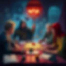 A dungeon master engaging with players at a table, discussing creative game strategies, with dice and character sheets scattered around.