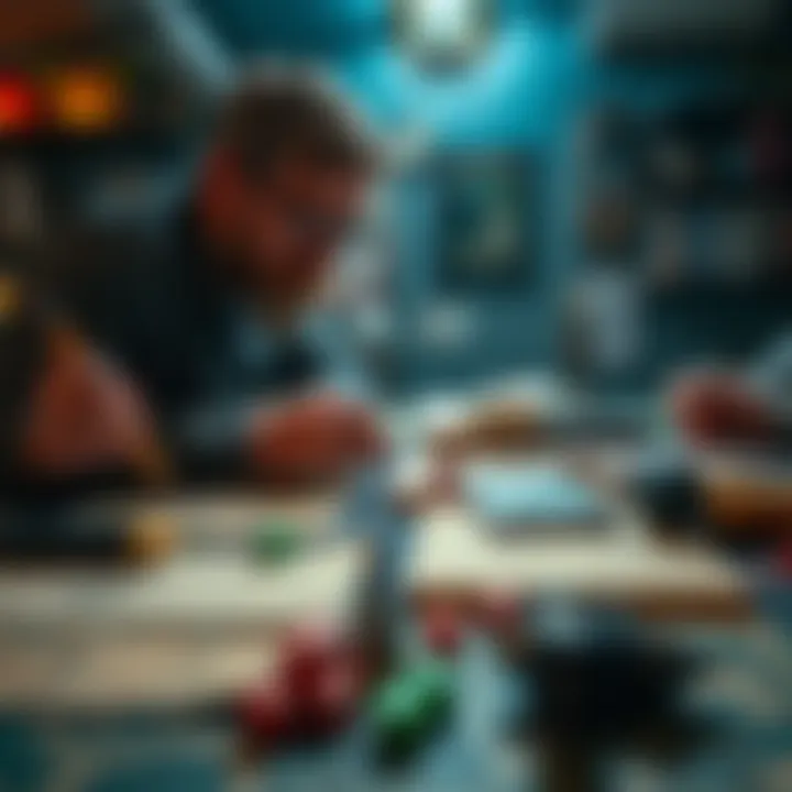 Dungeon Master Preparing Game A Dungeon Master organizes game materials and notes at a table, with dice and maps scattered around, ready for a gaming session.