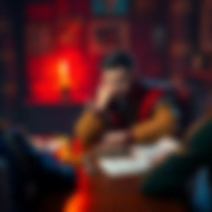 Dungeon Master reflects on mistake A Dungeon Master sits at a table with dice and character sheets, looking thoughtful and concerned about a player's character journey in a Dungeons & Dragons game.