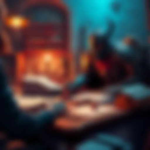 A Dungeon Master prepares a tabletop setup with dice, character sheets, and adventure books, ready to guide players through a quest.